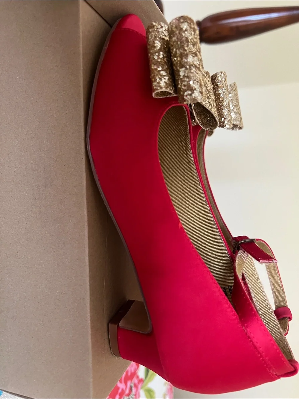 Joyfolie Red Satin Peep-Toe Heels with Gold Glitter Bow Accent